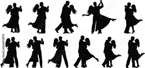 Silhouettes of dancing couples in elegant poses, ballroom dance vector illustration, romantic partner choreography, black and white artwork
