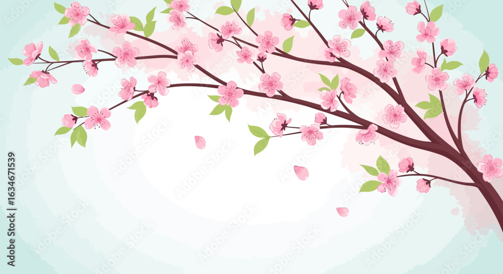 Obraz premium Illustration of a blossoming tree branch with pink flowers and green leaves against a light blue background, some petals falling.