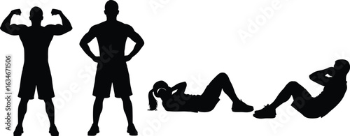 Silhouettes of people doing fitness exercises, workout poses, gym training, body strength, core workout, healthy lifestyle, exercise routine, flexibility
