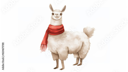 Llama standing with scarf on white background. Christmas winter concept.