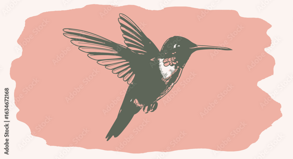 Obraz premium A stylized illustration of a hummingbird in flight against a soft pink background.