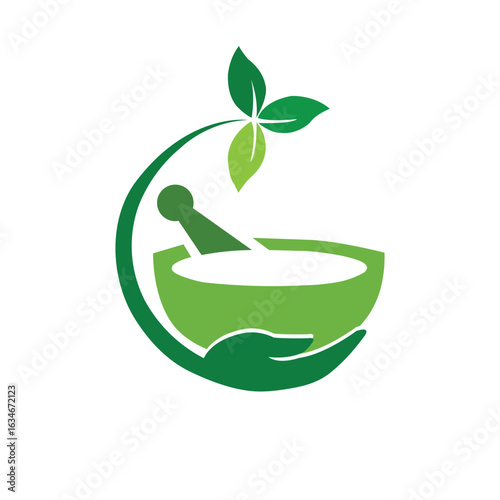 Pharmacy logo design graphic with an icon that consist of mortar, pestle and leaf vector template