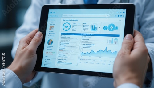 Doctor reviewing patient data analytics on a digital tablet interface