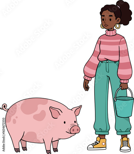 Young girl in striped sweater holding bucket with pig farm animal illustration vector 