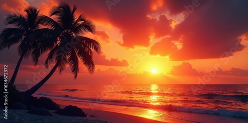 Silhouetted coconut palms against a blazing sunset over tranquil sea, paradise, landscape, peaceful