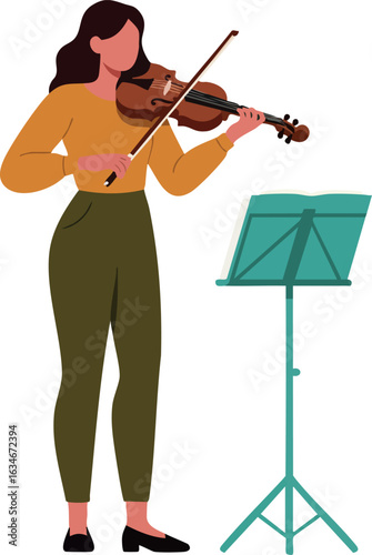 Woman playing violin with music stand vector illustration in casual clothing 