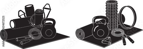 Vector art of collection of fitness equipment including yoga mats, kettlebells, jump ropes, and foam rollers