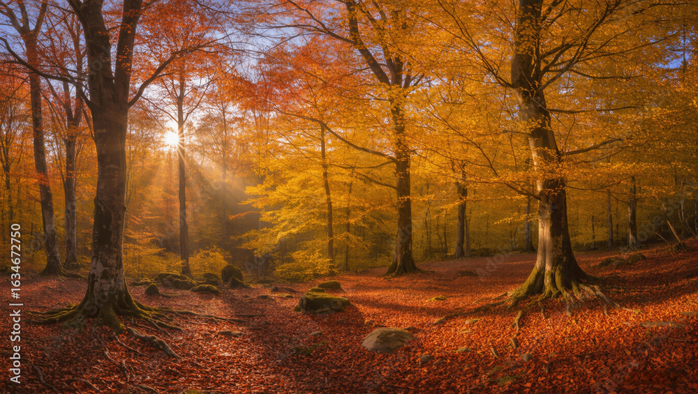 Fototapeta premium Foggy morning in the forest, golden trees fading into the mist.