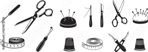 Vector art of sewing and tailoring tools and accessories isolated on white background