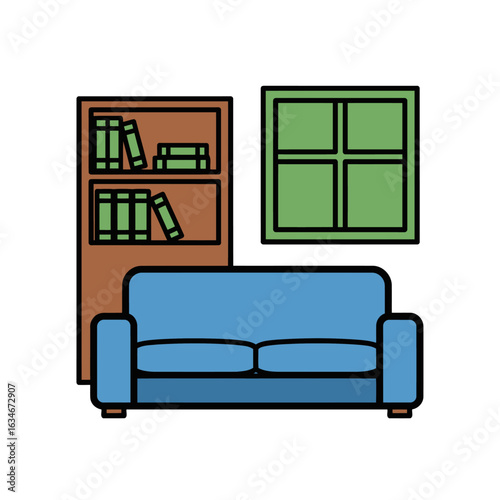 A cozy nook for quiet moments: a comfy couch, a bookshelf full of stories, and a sunlit window invite relaxation and reflection.