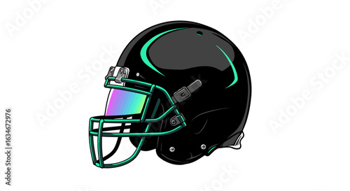 A black football helmet with a teal and iridescent visor, isolated on white.