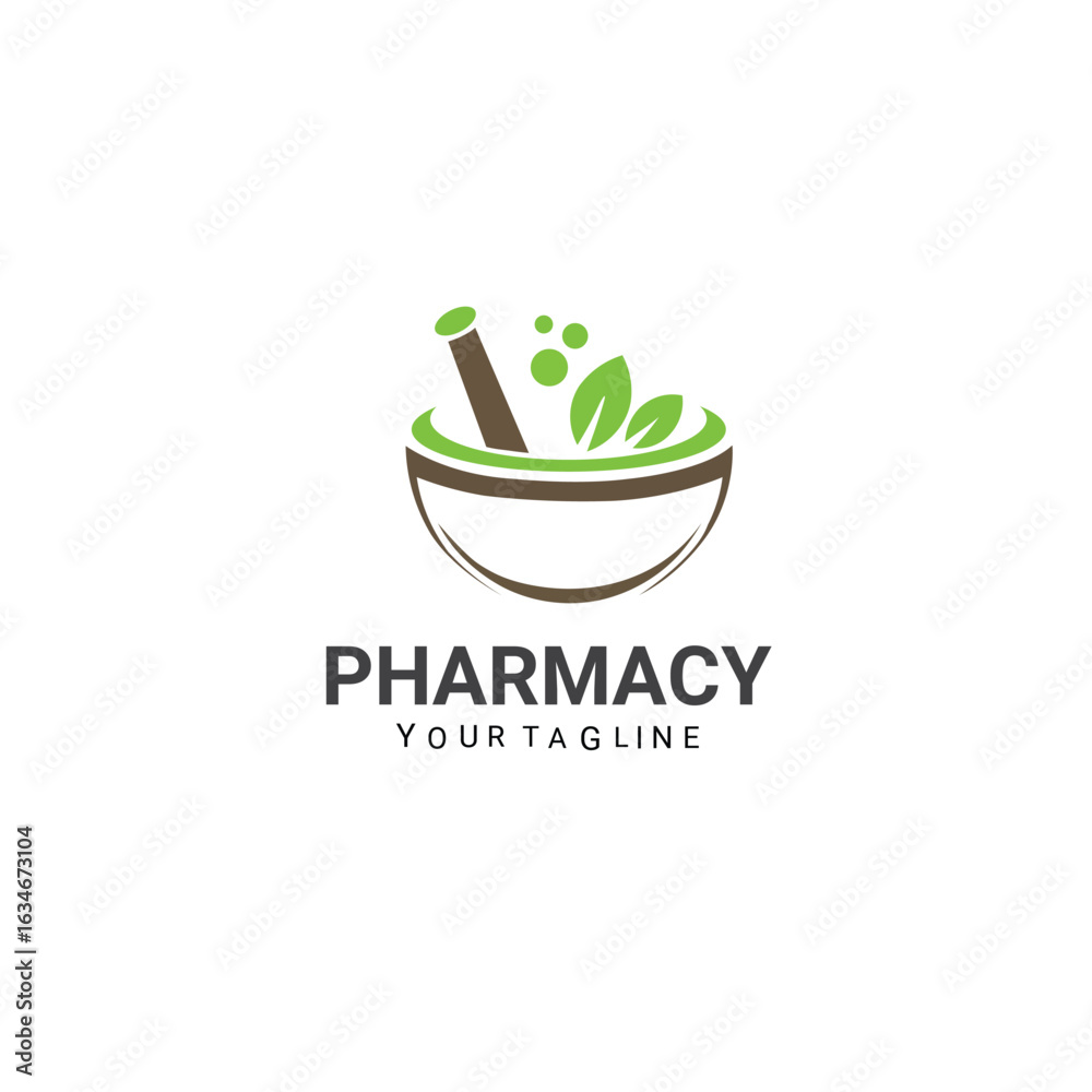 Pharmacy logo design graphic with an icon that consist of mortar, pestle and leaf vector template Pharmacy logo design graphic with an icon that consist of mortar, pestle and leaf vector template