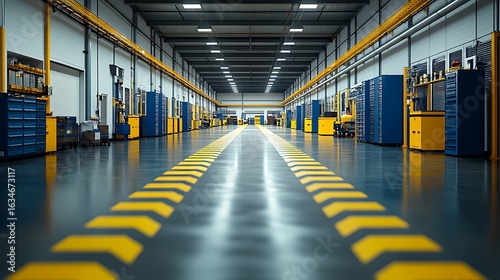 Spacious industrial hall with equipment and yellow floor markings.