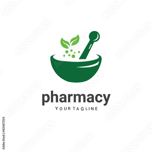 Pharmacy logo design graphic with an icon that consist of mortar, pestle and leaf vector template