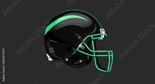A sleek, modern football helmet design showcasing a black base with vibrant green accents.
