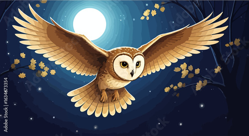 A barn owl soars through the night sky, wings spread wide, illuminated by a bright moon.