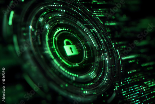 Luminous Green Padlock at the Core of a Futuristic Cybersecurity System.