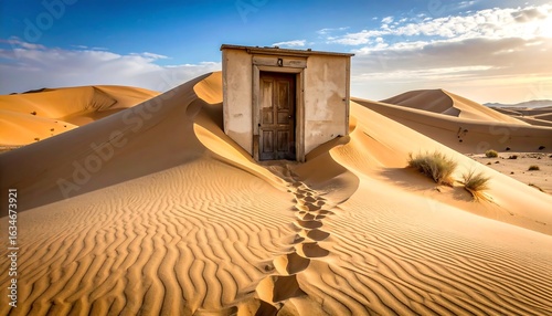 Fototapeta Naklejka Na Ścianę i Meble -  Abandoned hut in desert dunes