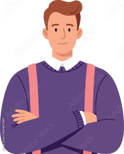Young man with crossed arms wearing purple sweater and pink suspenders vector illustration 