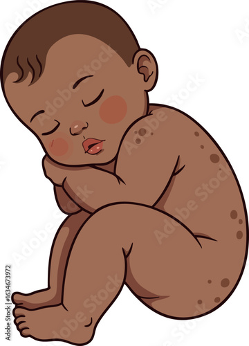 Sleeping baby curled up peacefully with brown skin and closed eyes illustration 