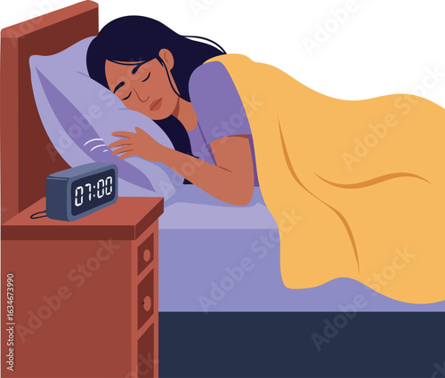 Woman peacefully sleeping in bed under yellow blanket with digital alarm clock illustration 