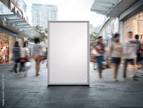 A blank, vertical, freestanding billboard in a modern shopping center, with blurred shoppers walking past