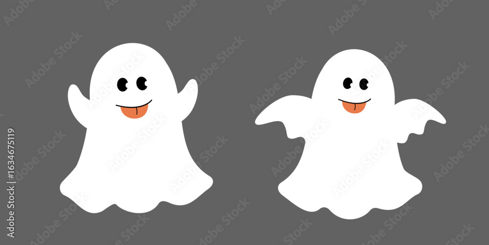 Set of Cute Halloween white ghost.
Halloween sheet ghost flat vector illustration.
White ghost wearing a witch hat.
Good for greeting card,poster, banner, leaflet.