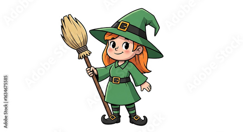 A cute little witch with a green hat holding a broom.