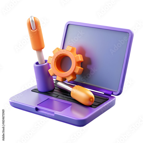 Purple laptop with tools and gear isolated on a transparent background