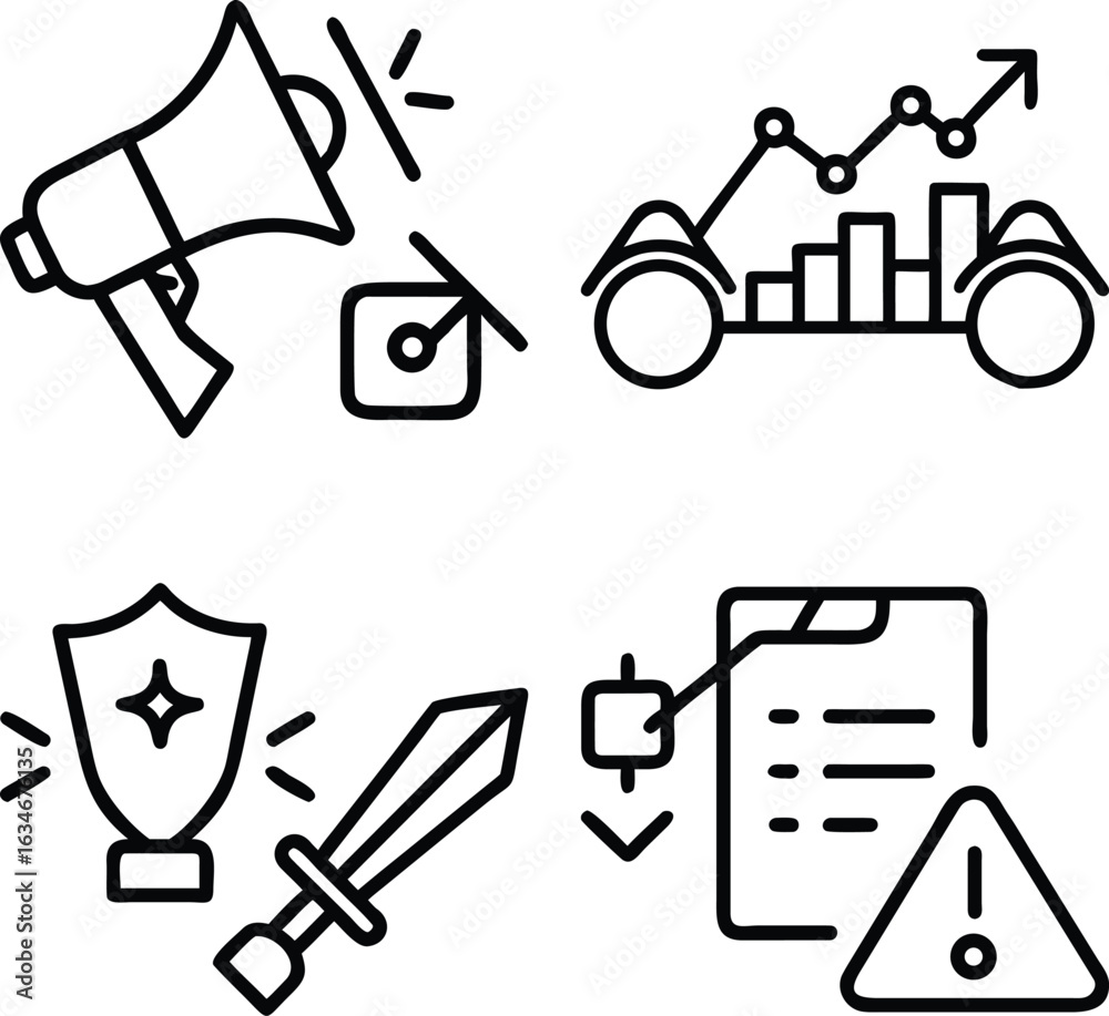 Fototapeta premium Four icons representing business concepts marketing growth defense and risk