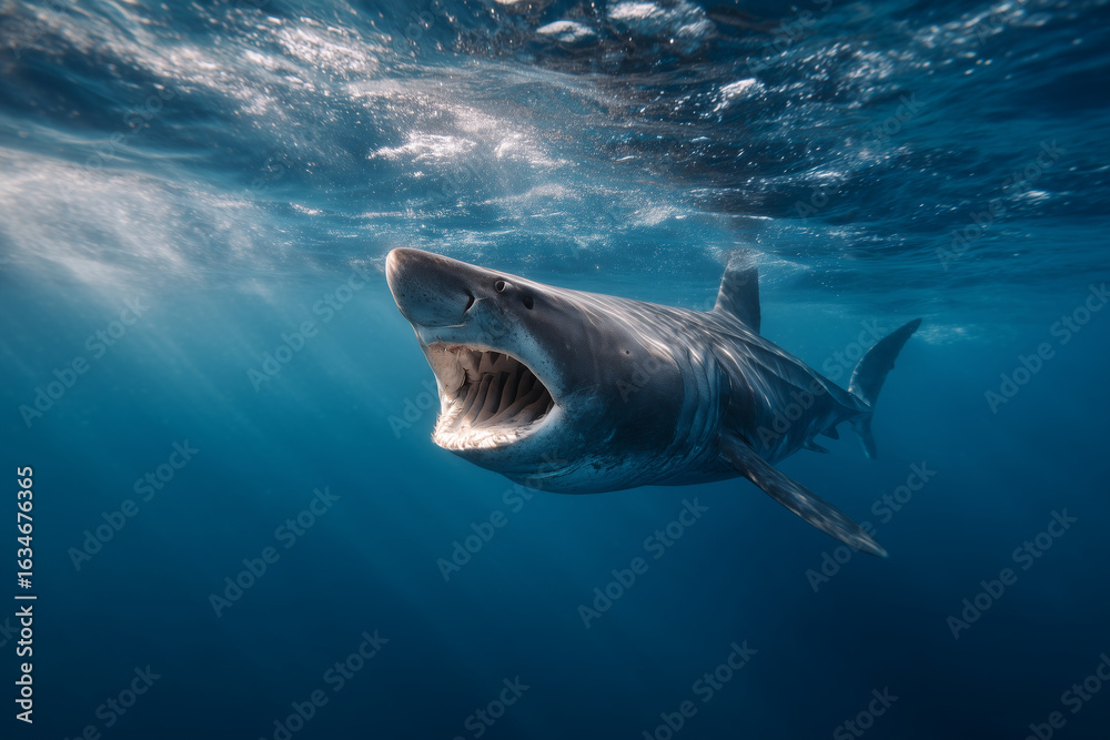 Naklejka premium Close-up of a great white shark swimming underwater with its mouth open in the deep blue ocean