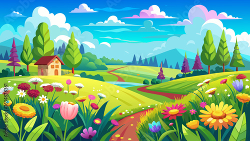 Beautiful bright colorful summer spring natural rural pastoral landscape with meadow herbs and flowers against a blue sky with clouds on a clear sunny 