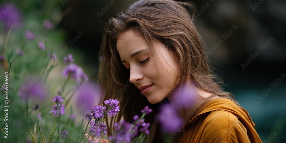 Fototapeta premium Young caucasian female enjoying nature among purple flowers