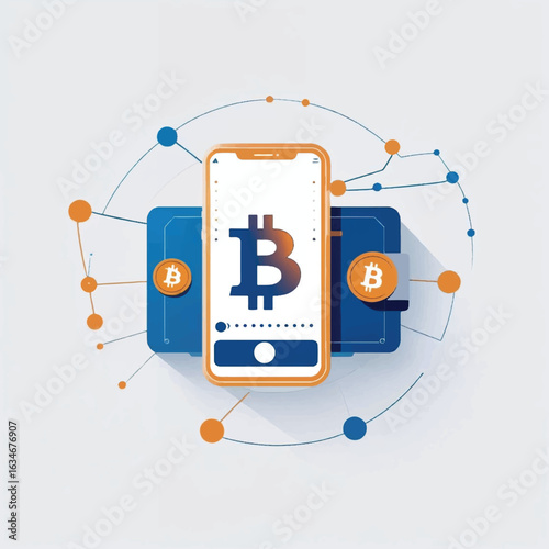 A smartphone with a Bitcoin symbol on the screen is in front of a digital wallet, illustrating mobile cryptocurrency management and transactions.