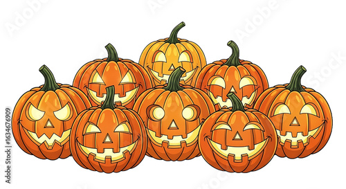 A collection of carved Halloween pumpkins with spooky expressions.