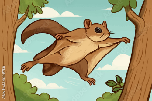 A cute flying squirrel gracefully leaps between trees in a vibrant, cartoon-style illustration.