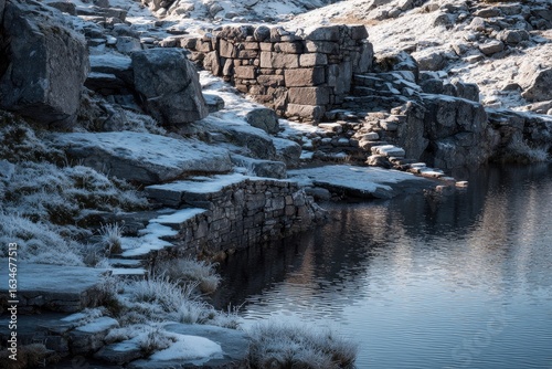 Frozen steps leading to a still, dark-blue lake, next to ancient stone walls