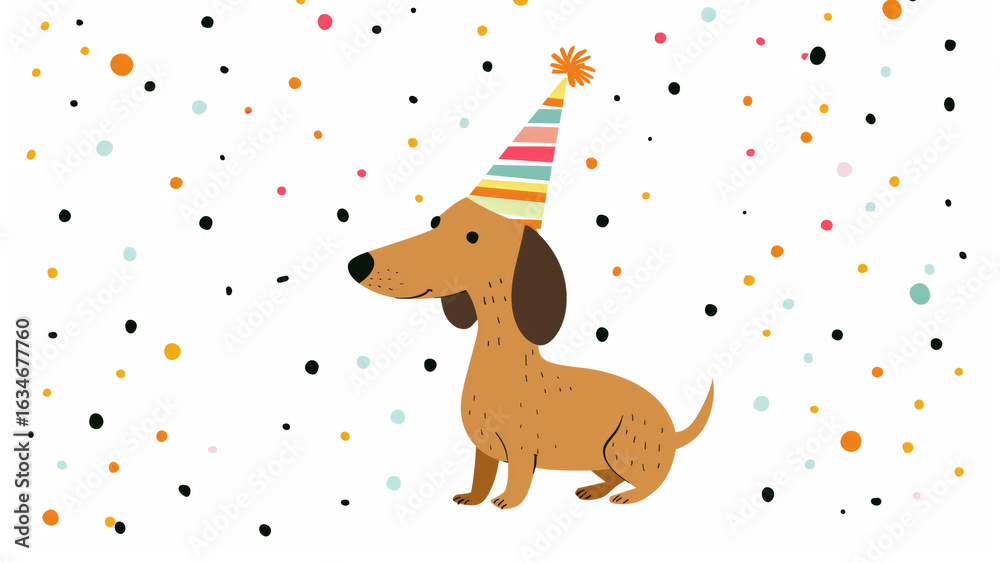 Fototapeta premium Dachshund dog in party hat with confetti. Birthday party concept.