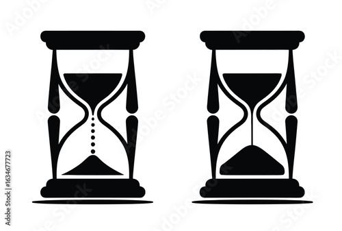 Two hourglasses showing time passing, one with sand flowing, the other with sand settled