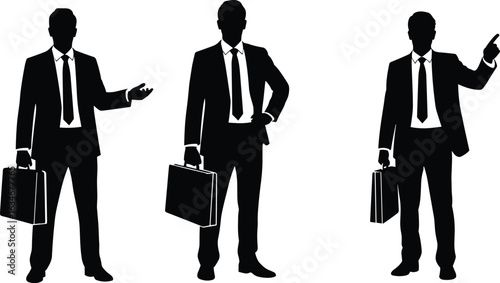 Business professionals silhouette, holding briefcases, corporate attire, vector illustration, professional gestures, business communication, teamwork, leadership, success 