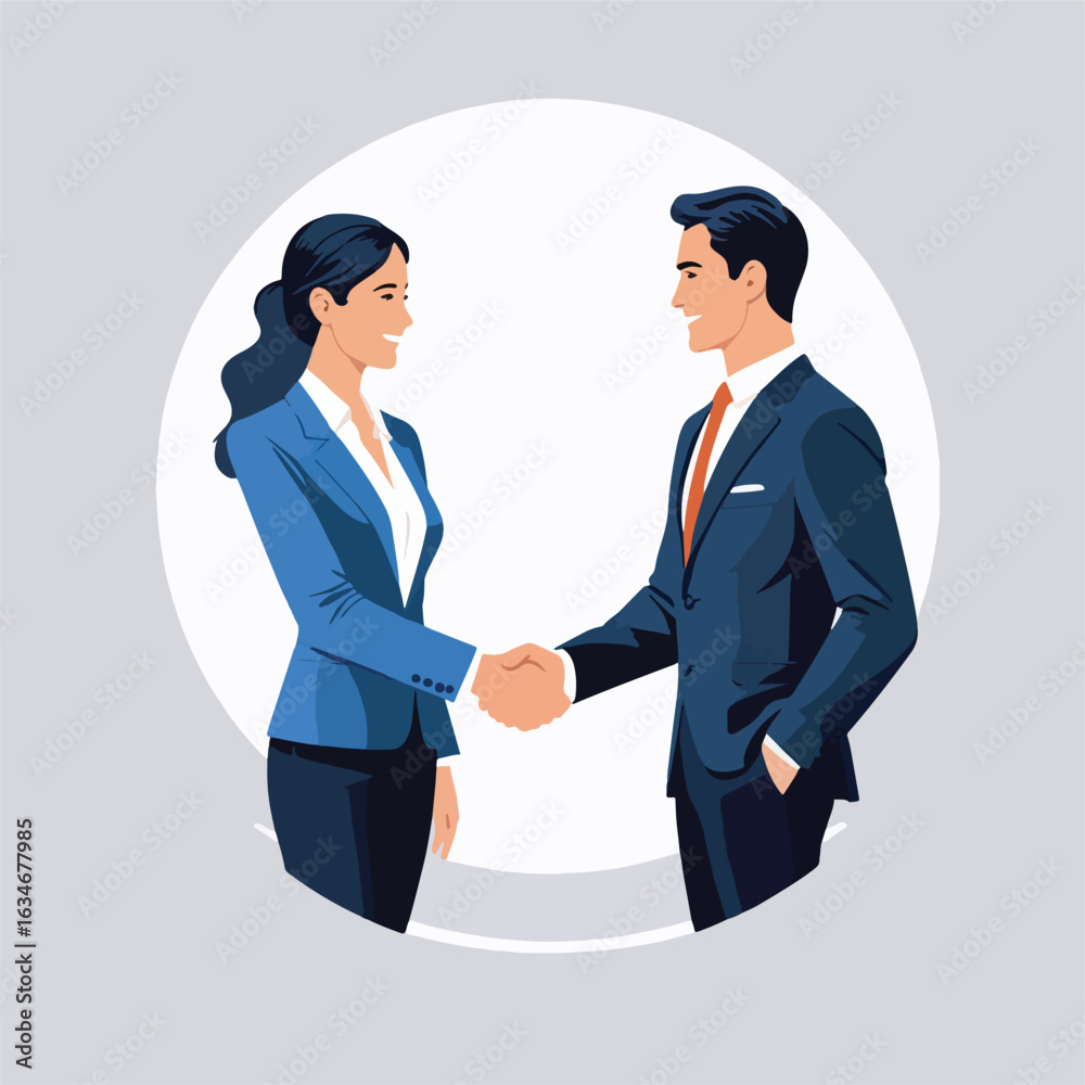 Fototapeta premium A smiling businessman and businesswoman in formal suits shaking hands to seal a professional agreement.