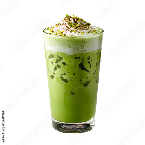 Refreshing Iced Matcha Drink with Whipped Cream and Pistachios