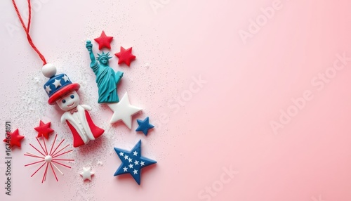 Patriotic still life with doll, statue of liberty and stars decoration