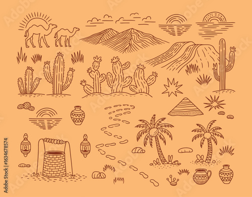Vibrant desert landscape elements with camels, cacti, palm trees, and ancient artifacts under a warm sun.