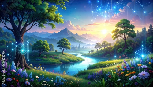 Wallpaper Mural Digital Eden: A Luminous Network Over a Serene Mountain Valley Torontodigital.ca