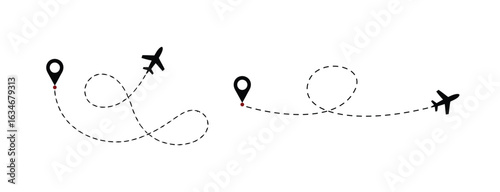 Iconic airplane routes show destination pins and dashed flight paths for travel planning
