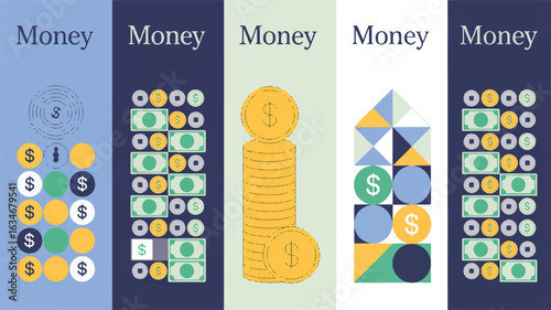 Five minimalist illustrations of money and financial symbols in various arrangements finance currency