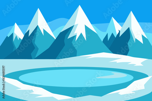 Stylized arctic landscape with snow capped mountains and frozen lake