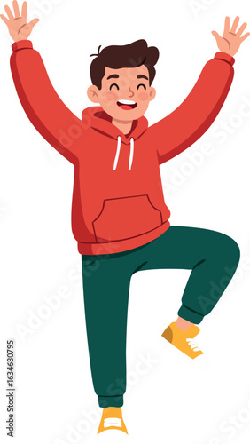 Happy boy jumping with raised hands wearing red hoodie and green pants vector illustration 