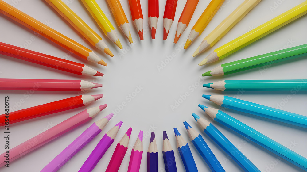 Obraz premium Top-down view of colored pencils arranged in a perfect rainbow arc on a white background. 